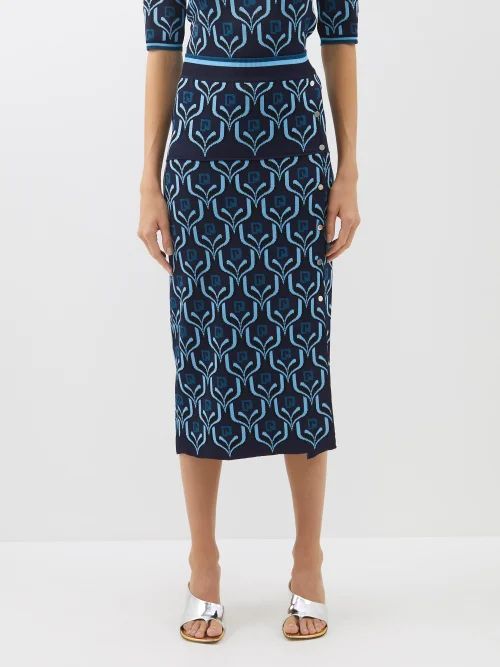 Monogram-jacquard Knit Midi Skirt - Womens - Blue Multi