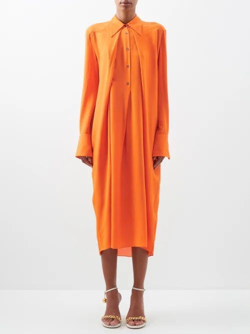 Amaya Pleated Silk Shirt Dress - Womens - Orange