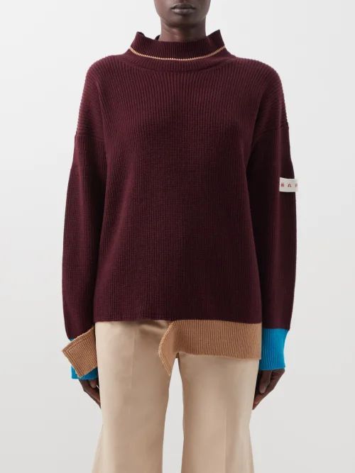Colour-block Wool-blend Sweater - Womens - Burgundy
