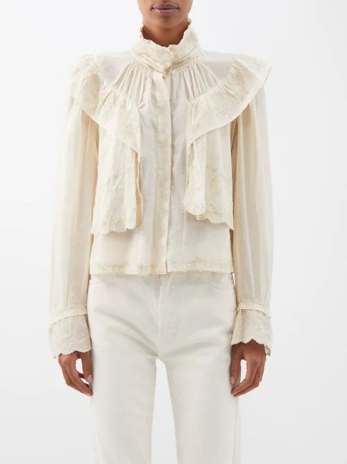 Lelmon Ruffled Embroidered Cotton Blouse - Womens - Cream