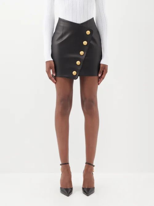 Asymmetric Buttoned Leather Mini Skirt - Womens - Black