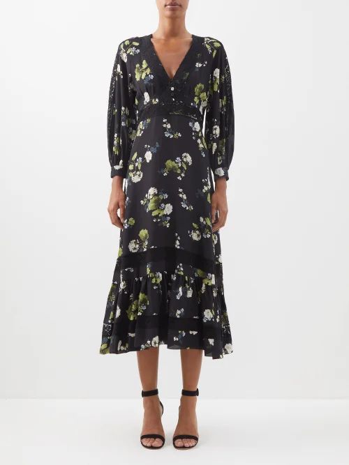 Magdalene Lace-trim Floral Silk Dress - Womens - Black Multi