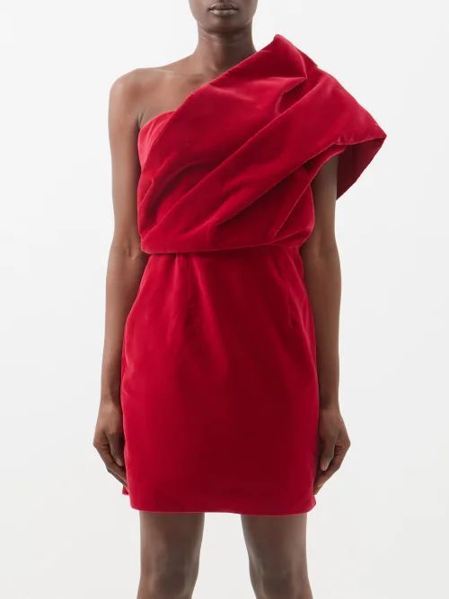 One-shoulder Ruffled Cotton-velvet Mini Dress - Womens - Raspberry