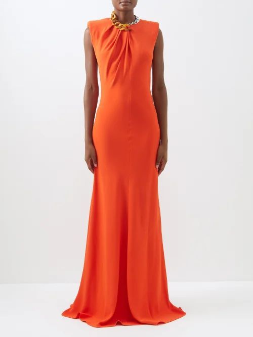 Chain-embellished Crepe Gown - Womens - Orange