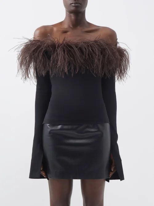 Orion Feather-trim Off-the-shoulder Top - Womens - Black Brown