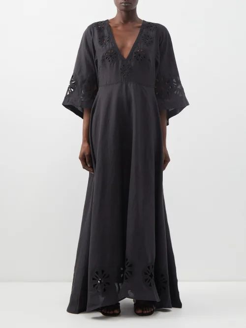 Samira Floral-cutout Ramie Maxi Dress - Womens - Black