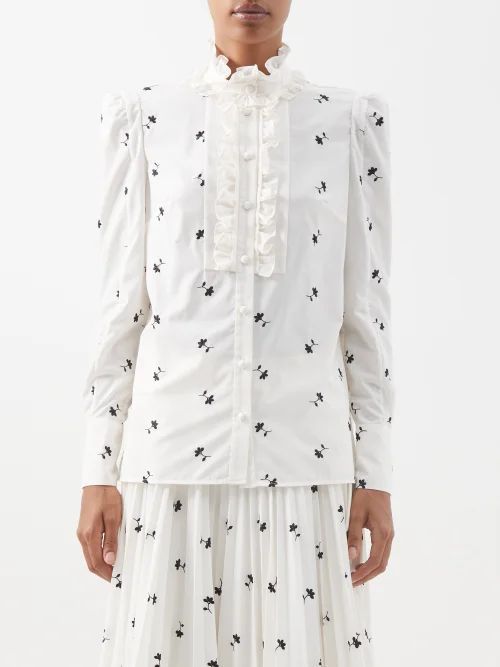 Constance Ditsy Floral-embroidered Ruffled Blouse - Womens - White Black