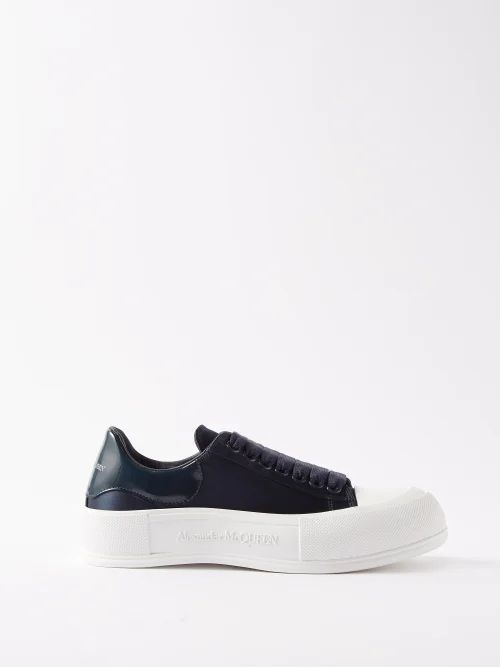 Deck Satin And Leather Trainers - Womens - Navy