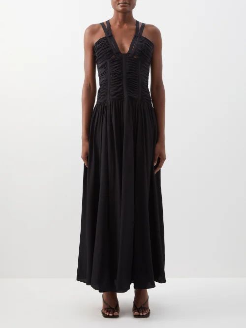 Anya Ruched Silk Maxi Dress - Womens - Black