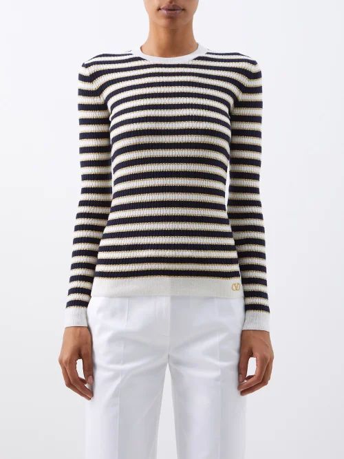 Logo-embroidered Lamé-stripe Sweater - Womens - Navy Stripe