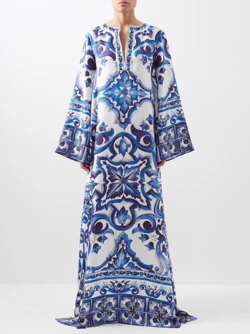 Majolica-print Silk Kaftan Gown - Womens - Blue White