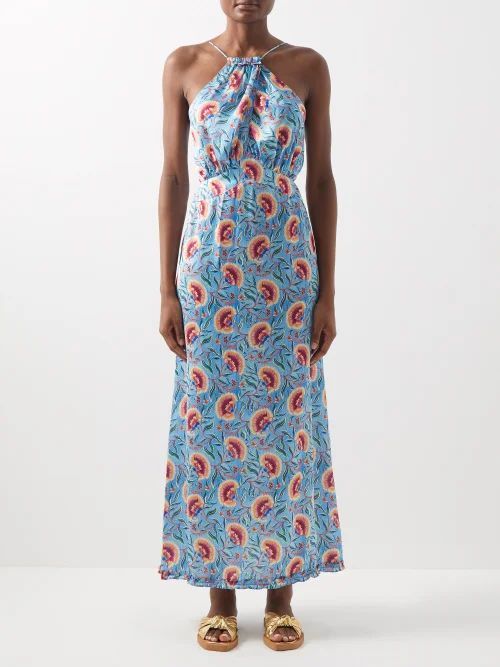 Floral-print Satin Maxi Dress - Womens - Blue Print