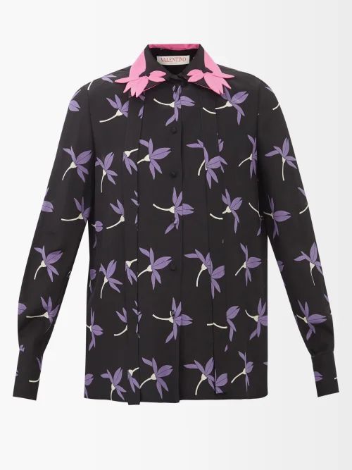 Fairy Flowers-print Crepe De Chine Shirt - Womens - Black Multi