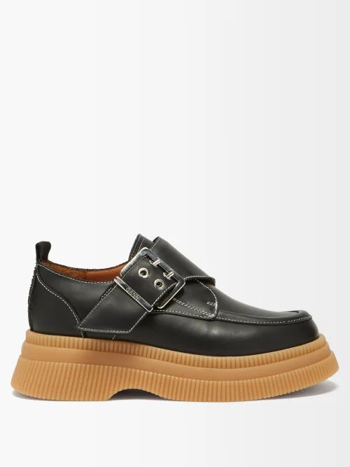 Buckled Leather Flatform Monk Shoes - Womens - Black