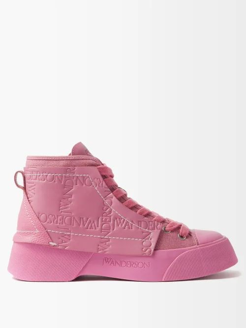 Logo-debossed Leather And Canvas Trainers - Womens - Pink