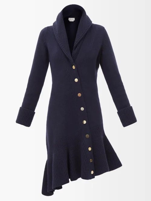 Asymmetric Ribbed-knit Wool Midi Dress - Womens - Navy