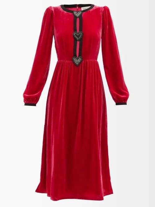 Camille Heart-embellished Velvet Dress - Womens - Red