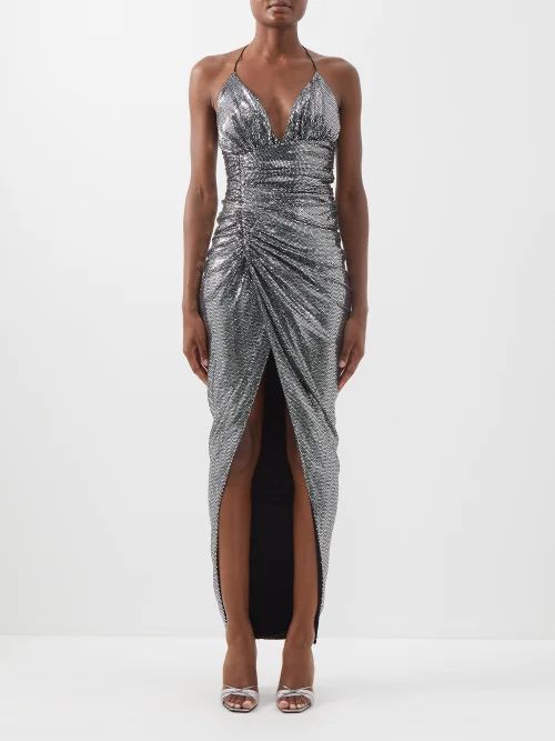 Slit-front Sequinned Halterneck Gown - Womens - Silver