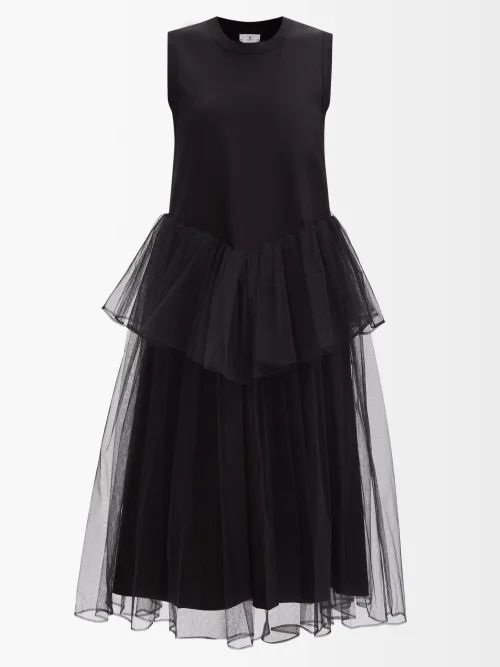 Gathered-waist Cotton And Tulle Sleeveless Dress - Womens - Black