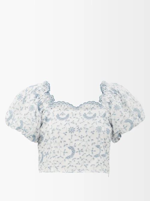 Melina Broderie-anglaise Puff-sleeve Top - Womens - Blue White