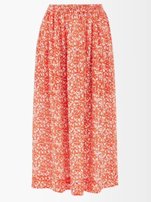Floral-print Crepe Midi Skirt - Womens - Orange Multi