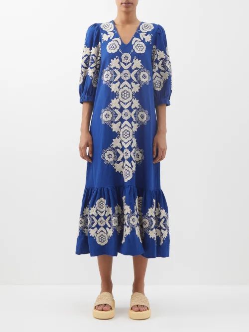 Manuela Floral-embroidered Cotton-blend Dress - Womens - Blue White