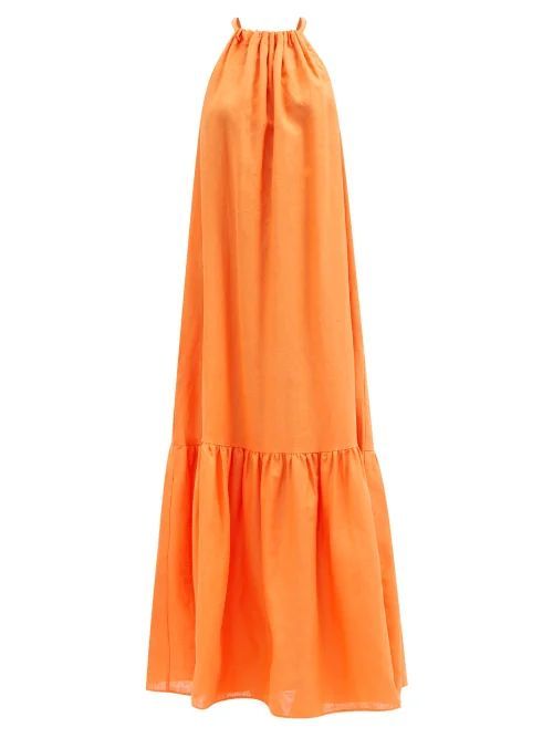 Ibiza Fluted Organic-linen Voile Maxi Dress - Womens - Orange