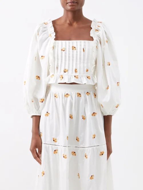 Daphne Square-neck Embroidered-cotton Top - Womens - White Multi