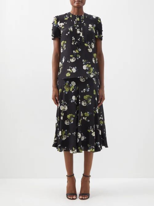 Heidi Cahun Garden-print Short-sleeved Silk Blouse - Womens - Black Multi