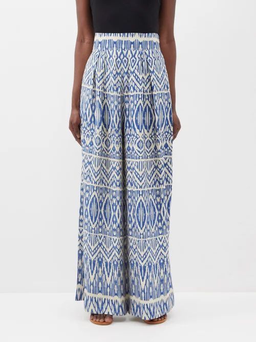 Printed-silk Wide-leg Trousers - Womens - Blue Print