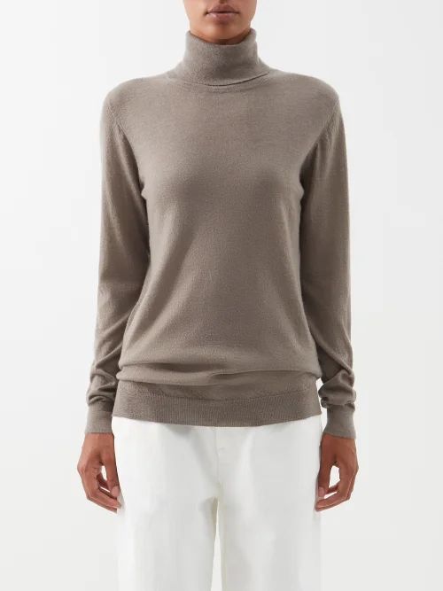 Roll-neck Fine-rib Responsible-cashmere Sweater - Womens - Light Brown