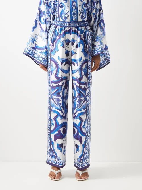 Majolica-print Silk-faille Trousers - Womens - Blue White