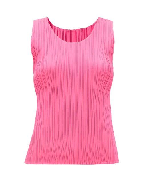 Round-neck Technical-pleated Top - Womens - Pink