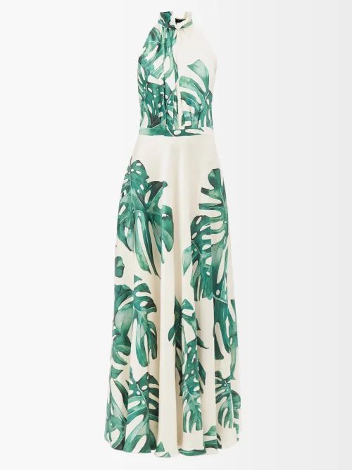Giovanna Leaf-print Silk Satin Dress - Womens - Green Multi