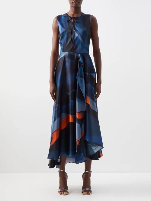 Hamina Marble-print Midi Dress - Womens - Blue Multi