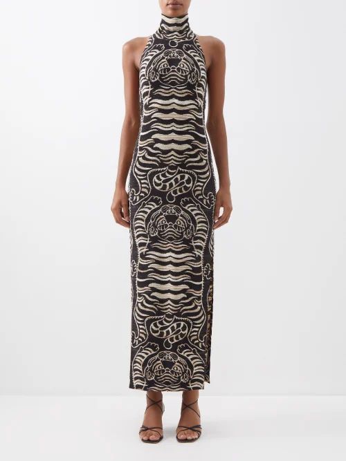 Tiger-print Jersey Halterneck Dress - Womens - Black White