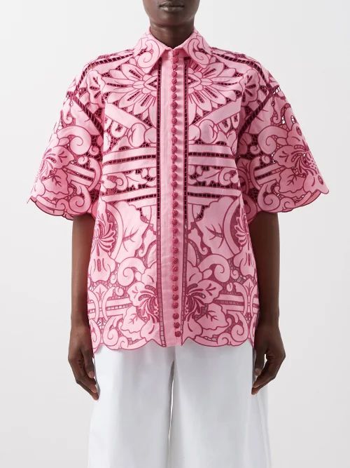 Jude Broderie-anglaise Linen-blend Shirt - Womens - Pink Print