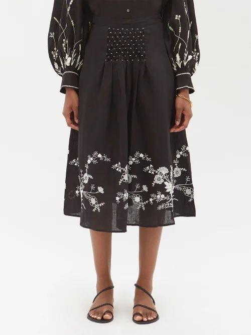 Yulia Floral-embroidered Linen Midi Skirt - Womens - Black White
