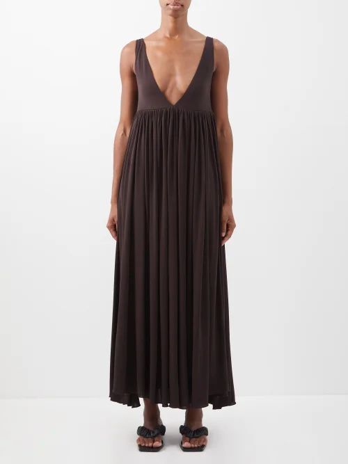 Layas V-neck Pleated Crepe Dress - Womens - Dark Brown