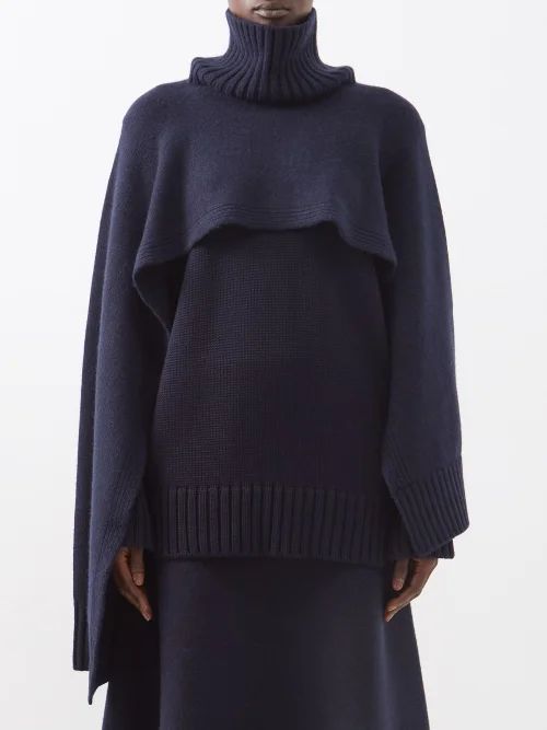 Ribbed Cashmere Roll-neck Poncho - Womens - Navy