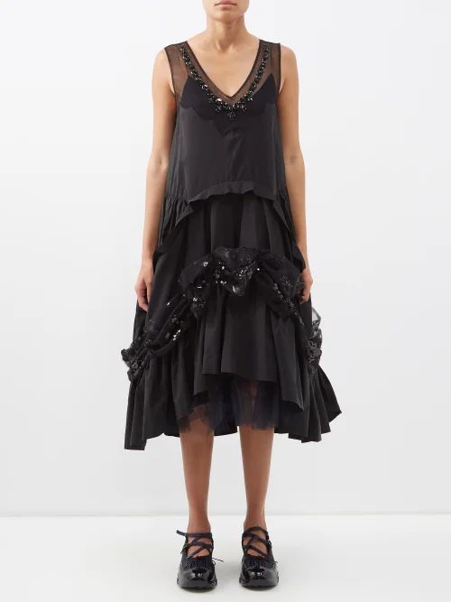 Bead-embellished Tiered Nylon Midi Dress - Womens - Black