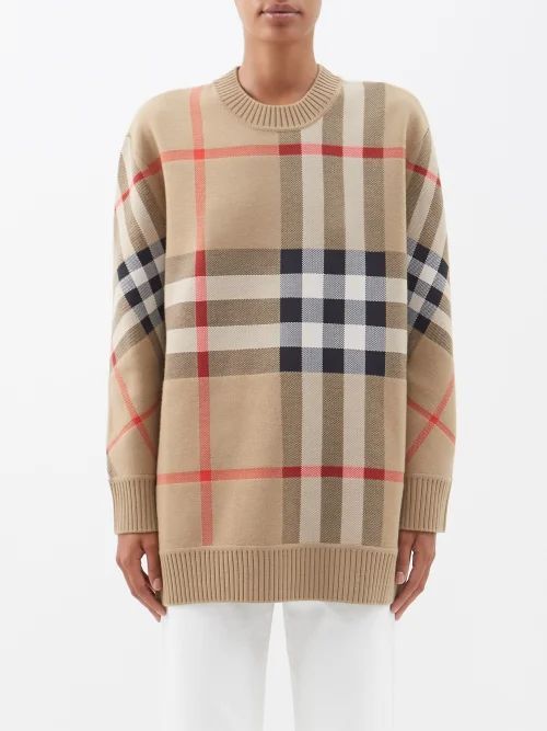Oversized Check-jacquard Knitted Sweater - Womens - Beige
