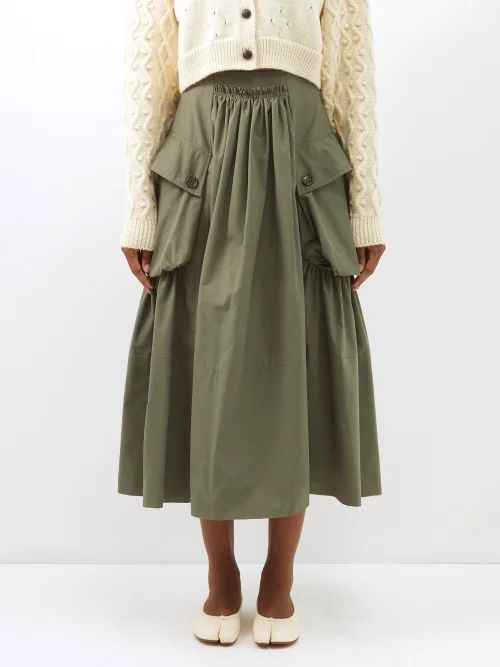 Marie Gathered Cotton-blend Canvas Midi Skirt - Womens - Khaki