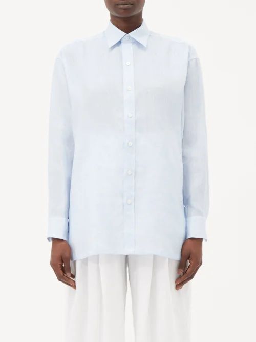 Side-slit Linen Shirt - Womens - Light Blue