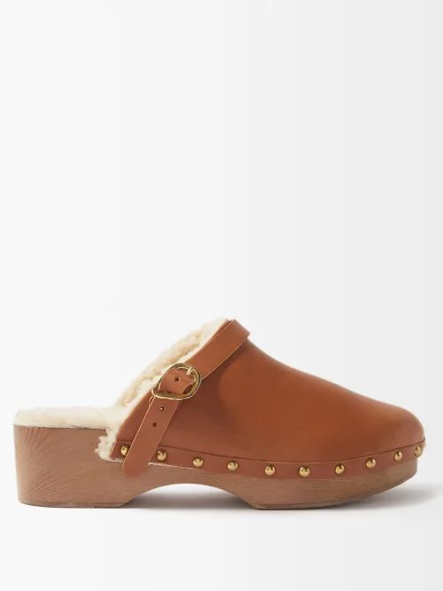 Shearling-lined Leather Clogs - Womens - Brown