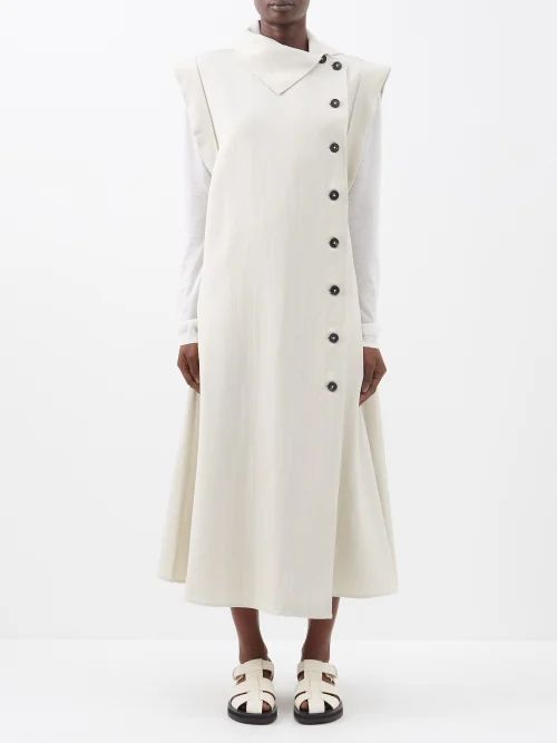 Asymmetric-collar Buttoned Canvas Dress - Womens - Light Grey
