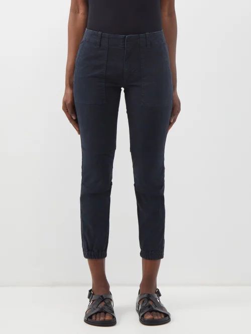 Elasticated-cuff Cotton-blend Slim-leg Trousers - Womens - Dark Navy