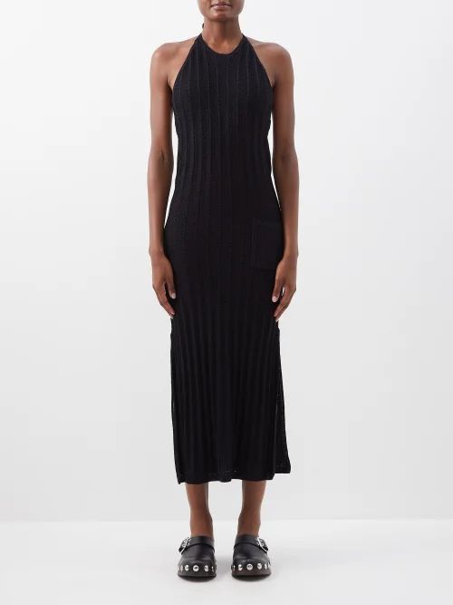 Halterneck Ribbed-crochet Midi Dress - Womens - Black