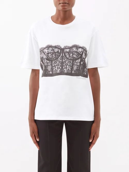 Lace Corset-print Cotton-jersey T-shirt - Womens - White Black