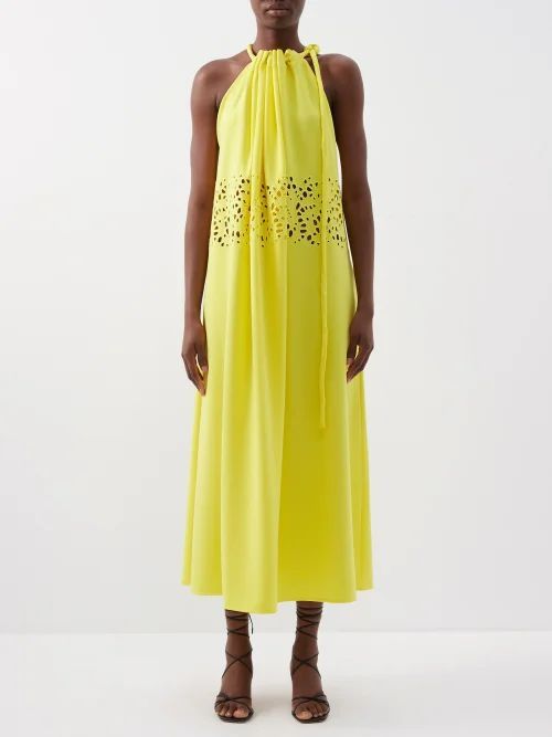 Gathered Halterneck Crepe Midi Dress - Womens - Yellow